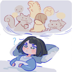  ._. 2girls :i :o :| ? animalization black_hair blue_cardigan blunt_bangs blunt_ends bob_cut brown_hair cardigan closed_mouth commentary dinosaur dinosaur_tail fake_tail hamster head_on_pillow hood hoodie imagining kachimachi_kosuzu kachimachi_kosuzu_(sega_lucky_lottery_sleepwear) link!_like!_love_live! long_hair love_live! lying momose_ginko momose_ginko_(summer_loungewear) multiple_girls multiple_views official_alternate_costume on_back open_cardigan open_clothes pillow pipi_(m1x_mix) puffy_cheeks short_hair symbol-only_commentary tail v-shaped_eyebrows virtual_youtuber yellow_hoodie 