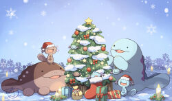  box candle christmas_stocking christmas_tree clodsire closed_eyes gift gift_box hat kawachi_(hina) no_humans open_mouth outdoors paldean_wooper pokemon pokemon_(creature) pokemon_focus quagsire santa_hat smile snow snowflakes snowing tail wooper 