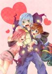  blush brown_hair green_eyes heartless highres hug kairi kingdom_hearts pink_hair riku shirozatou silver_hair sora_(kingdom_hearts) 