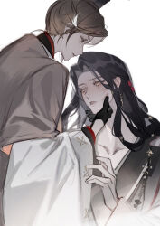  1boy 1girl absurdres assertive_female black_gloves black_hair black_robe brown_eyes brown_hair brown_robe cheek_squash chinese_clothes chinese_commentary closed_mouth code:_kite collarbone crossdressing crossdressing_(ftm) crying crying_with_eyes_open curtained_hair expressionless gloves grabbing_another&#039;s_face guanglingwang hand_up hanfu head_grab highres layered_sleeves liu_bian_(code:_kite) long_hair long_sleeves looking_at_another looking_down looking_up low-tied_sidelocks muted_color parted_bangs parted_lips profile robe short_hair short_over_long_sleeves short_sleeves sidelocks simple_background tears upper_body wavy_hair white_background white_robe wide_sleeves xiao_guan_(headdress) yellow_eyes yichun583 