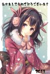  akeome animal_ears brown_hair bunny_earmuffs bunny_ears earmuffs face fingerless_gloves gloves hands_together head_tilt japanese_clothes k.y_ko kimono looking_at_viewer new_year obi original red_eyes short_hair smile solo themed_object 