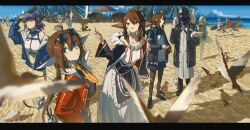  1other 6+girls aciddrop_(arknights) amiya_(arknights) animal_ears animal_on_shoulder arknights beach bird bird_ears bird_on_shoulder black_coat black_jacket blue_jacket blurry blurry_foreground breasts brown_hair building character_request chinese_commentary coat commentary_request cropped_jacket dress eyewear_on_head eyjafjalla_(arknights) eyjafjalla_(summer_flower)_(arknights) fox_ears full_body fur-trimmed_jacket fur_trim gavial_(arknights) gavial_the_invincible_(arknights) gavial_the_invincible_(holiday)_(arknights) goldenglow_(arknights) goldenglow_(summer_flowers)_(arknights) gummy_(arknights) gummy_(summer_flowers)_(arknights) highres holding holding_surfboard hood hood_up hooded_coat horns jacket kal&#039;tsit_(arknights) lanzi_(415460661) long_hair medium_breasts multiple_girls necktie ocean orange_necktie perfumer_(arknights) ponytail projekt_red_(arknights) projekt_red_(light_breeze)_(arknights) purple_hair rabbit_ears red_jacket sand shirt sideroca_(arknights) sunglasses surfboard umbrella upper_body white_dress white_shirt 