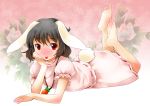  :p animal_ears bad_id barefoot black_hair blush brown_hair bunny_ears bunny_tail carrot face feet hands inaba_tewi jewelry lying michii_yuuki on_stomach pendant red_eyes short_hair soles solo tail tongue touhou 