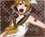  angry blonde_hair blue_eyes bow face fangs kagamine_rin kouya_(libera) school_uniform solo tattoo vocaloid 