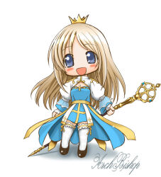  1girl 2000s_(style) :d arch_bishop_(ragnarok_online) blonde_hair blue_dress blue_eyes blush character_name chibi chibi_only cleavage_cutout clothing_cutout commentary_request cross crown dress fishnet_thighhighs fishnets frilled_thighhighs frills full_body high_heels holding holding_staff juliet_sleeves kahis_(sweetbriar) long_hair long_sleeves looking_at_viewer mini_crown open_mouth puffy_sleeves ragnarok_online sash simple_background smile solo staff thigh-highs two-tone_dress white_background white_dress white_thighhighs yellow_sash 