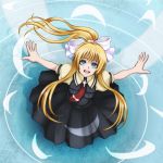  blonde_hair blue_eyes deni_m feathers from_above kamio_misuzu long_hair looking_up outstretched_arms ponytail school_uniform spread_arms 