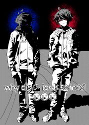  2boys ahoge blue_eyes closed_mouth commentary crying_emoji drawstring dual_persona emoji eyes_in_shadow full_body greyscale halftone hands_up highres hood hood_down hoodie jacket jacket_over_hoodie long_sleeves male_focus meme monochrome multiple_boys nyab_oo open_clothes open_jacket pants red_eyes screentones shoes short_hair smile sneakers spoilers spot_color sumino_takumi symbol-only_commentary the_hundred_line_-last_defense_academy- why_dis_ninja_look_so_mad_(meme) 