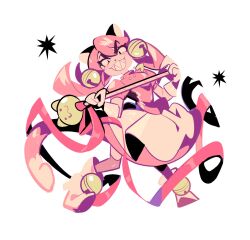  1girl :3 angry animal_ears apron bell black_eyes cat_ears cat_girl cat_nose cat_tail commentary constricted_pupils fangs furrowed_brow gloves gogeyama hair_bell hair_ornament heart heart_necklace heart_pendant highres holding holding_staff jewelry jingle_bell mad_mew_mew mage_staff magical_girl necklace over-kneehighs pink_ribbon pink_shirt pink_shoes pink_skirt pink_socks pink_tail ribbon sharp_teeth shirt shoes simple_background skirt socks solo solo_focus sparkle staff tail teeth thigh-highs twintails undertale utdr_(toby_fox) waist_apron white_background white_gloves 