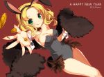  :q animal_ears bare_legs bare_shoulders blonde_hair bow bowtie breasts bunny_ears bunny_tail bunnysuit cleavage coin fingernails green_eyes kayou_(artist) looking_at_viewer new_year original short_hair simple_background solo thighs tongue wrist_cuffs 