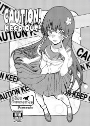  1girl caution_tape cover flower full_body greyscale hair_flower hair_ornament index_finger_raised keep_out long_hair monochrome niea pleated_skirt sailor_collar sailor_shirt sakugawa_school_uniform saten_ruiko school_uniform serafuku shirt skirt skirt_hold socks solo standing summer_uniform toaru_kagaku_no_railgun toaru_majutsu_no_index 
