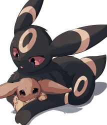  animal_focus black_eyes black_fur brown_eyes brown_fur closed_mouth colored_sclera eevee floameya full_body highres looking_at_viewer no_humans open_mouth pokemon pokemon_(creature) pokemon_focus red_eyes red_sclera simple_background solo tail umbreon white_background 