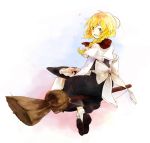  blonde_hair braid broom broom_riding capelet cosoco hat hat_removed headwear_removed kirisame_marisa looking_back shoes short_hair side_braid sidesaddle sitting smile solo touhou 