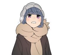  1girl beanie blue_hair clenched_teeth hat highres jitome scarf shima_rin solo teeth violet_eyes white_background yas_(yosiyasuyasu) yurucamp 