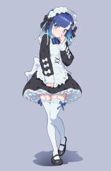  1girl alternate_costume apron back_bow black_dress black_shoes black_thighhighs blue_bow blue_bowtie blue_eyes blue_hair blush bow bowtie bright_pupils collared_dress dress embarrassed enmaided frilled_apron frills full_body garter_straps gradient_hair grey_background hair_ornament hairclip highres long_sleeves looking_at_viewer maid maid_apron maid_headdress mary_janes multicolored_hair niboshidrip petticoat shadow shoes short_hair simple_background sleeves_past_wrists solo standing thigh-highs tsumugi_kokage two-tone_hair virtual_youtuber vspo! wavy_mouth white_apron white_garter_straps white_pupils zettai_ryouiki 