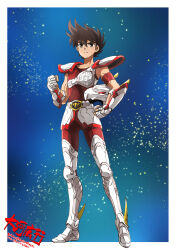  1boy armor brown_eyes brown_hair closed_mouth gauntlets helmet highres holding holding_unworn_helmet male_focus pegasus_seiya saint_seiya short_hair shoulder_armor solo spiky_hair star_(sky) taiga_hiroyuki unworn_headwear unworn_helmet 