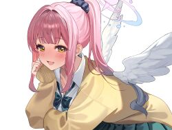  1girl absurdres angel_wings blue_archive blush bow bowtie cardigan choppy_bangs collared_shirt cowboy_shot gradient_hair green_bow green_bowtie green_skirt grey_hair grey_scrunchie hair_intakes hair_ornament hair_scrunchie halo hashtag-only_commentary highres leaning_forward long_hair long_sidelocks long_sleeves looking_at_viewer mika_(blue_archive) multicolored_hair open_mouth pink_halo pleated_skirt ponytail school_uniform scrunchie shaffelli shirt sidelocks simple_background skirt sleeves_past_wrists smile solo white_background white_shirt white_wings wing_collar wings yellow_cardigan yellow_eyes yellow_nails 