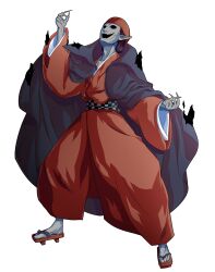  1boy brown_hat brown_kimono cape cloak colored_skin commentary_request dairi fortune_teller_(touhou) full_body geta grey_skin hand_up hat head_back highres hollow_eyes japanese_clothes kimono large_variant_set legs_apart long_sleeves male_focus pointy_ears solo standing tachi-e torn_cloak torn_clothes touhou traditional_youkai transparent_background variant_set wide_sleeves 
