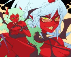  al_bhed_eyes breasts choker cleavage demon_girl fang glasses green_eyes green_hair horns kneesocks_(character) kneesocks_(psg) mogiko multiple_girls panty_&amp;_stocking_with_garterbelt red_skin ringed_eyes scanty scanty_(psg) siblings silver_hair sisters studded_bracelet 