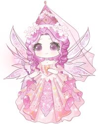  1girl absurdres argyle_clothes argyle_hat bare_arms bare_shoulders choker closed_mouth deformed detached_sleeves dress drill_hair enchanted_encounter_(infinity_nikki) eyelashes fairy fairy_wings frilled_headwear full_body gown hand_on_own_chest happy hat hat_ornament highres holding holding_wand infinity_nikki light_blush light_particles long_dress long_hair looking_at_viewer nikki_(series) parted_bangs pink_choker pink_dress pink_eyes pink_hair pink_hat pink_sleeves pink_veil pink_wings short_sleeves sidelocks simple_background smile solo sparkle standing star_(symbol) star_hat_ornament star_print star_wand strapless strapless_dress tareme veil wand wavy_hair white_background wings zhizhizhizhizhizong 