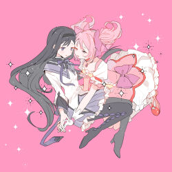  2girls akemi_homura argyle_clothes argyle_footwear black_boots black_capelet black_hair black_hairband boots bow bowtie bubble_skirt capelet center_frills chest_jewel choker circle_skirt collarbone collared_capelet cross-laced_shoes dot_nose dress dress_bow eyelashes floating_clothes floating_hair frilled_skirt frilled_sleeves frilled_socks frills full_body gem gloves hair_bow hairband half-closed_eyes happy heads_together high_collar high_heel_boots high_heels holding_hands kaname_madoka kneehighs kneeling layered_sleeves leaning_forward light_blush long_hair long_sleeves magical_girl mahou_shoujo_madoka_magica mahou_shoujo_madoka_magica_(anime) miniskirt multiple_girls nervous open_mouth parted_lips pink_background pink_bow pink_dress pink_eyes pink_gemstone pink_hair pipi_o_(pipioo08) pleated_skirt puffy_short_sleeves puffy_sleeves pumps purple_bow purple_bowtie purple_capelet purple_skirt red_choker red_shoes shoes short_dress short_hair short_sleeves short_twintails simple_background skirt skirt_under_dress smile socks sparkle square_neckline sweatdrop thigh_boots twintails two-tone_capelet very_long_hair violet_eyes wavy_hair white_dress white_gloves white_skirt white_sleeves white_socks yuri 