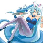  1girl blue_eyes blue_hair bowtie breasts bunny_ears bunnysuit cleavage crossed_legs cuffs dragonair female high_heels ibuki_(pokemon) josei_nyoshou large_breasts legs legs_crossed long_hair pantyhose pokemon pokemon_(game) pokemon_gsc pokemon_heartgold_and_soulsilver pokemon_hgss purple_legwear shoes sitting tray 