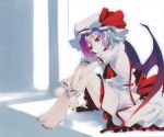  barefoot blue_eyes feet floor hat jpeg_artifacts leg_hug nail_polish red_eyes remilia_scarlet shingo_(missing_link) sitting solo touhou wings 