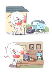  animal_focus bird cane cat closed_eyes closed_mouth cup eiscue eiscue_(ice) eiscue_(noice) hisuian_zoroark holding holding_cane ice igwjgsarifbfo9u indoors no_humans penguin picture_frame pokemon pokemon_(creature) pokemon_focus smile suitcase table teacup zorua 