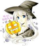  1girl aino_yumeri blue_eyes hat jack-o&#039;-lantern long_hair simple_background smile solo translation_request white_background witch_hat 