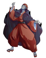  1boy brown_hat brown_kimono cape cloak colored_skin commentary_request dairi fortune_teller_(touhou) full_body geta grey_skin hand_up hat head_back highres hollow_eyes japanese_clothes kimono large_variant_set legs_apart long_sleeves male_focus pointy_ears solo standing tachi-e torn_cloak torn_clothes touhou traditional_youkai transparent_background variant_set wide_sleeves 