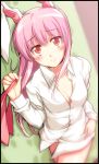  animal_ears border bottomless bunny_ears dress_shirt dutch_angle long_hair looking_at_viewer lying naked_shirt no_bra on_side pink_eyes pink_hair plastic_eraser red_eyes reisen_udongein_inaba shirt sideways solo touhou 