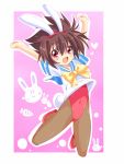  animal_ears brown_hair bunny_ears bunny_tail bunnysuit jumping male marino_roki marinon original pantyhose red_eyes sailor sailor_uniform smile solo tail trap 