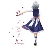  bad_id chirigami-san from_behind izayoi_sakuya knife maid maid_headdress outstretched_arm petals rose_petals short_hair silver_hair simple_background solo standing throwing_knife touhou weapon 