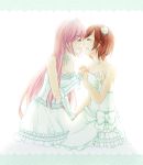  bare_shoulders brown_hair choker closed_eyes dress eyes_closed flower frilled_dress frills hair_flower hand_holding happy highres holding_hands incipient_kiss interlocked_fingers long_hair megurine_luka meiko multiple_girls mutual_yuri pink_hair short_hair simple_background smile ssn tiara vocaloid wedding_dress yuri 