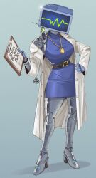  1boy 1girl absurdres animal antennae auveiss belt blue_dress cardiogram clipboard couple curvy dress hand_on_own_hip hands_on_another&#039;s_shoulders high_heels highres jewelry karen_(spongebob) lab_coat monitor necklace one-eyed plankton plankton_(spongebob) robot robot_girl size_difference smile spongebob_squarepants_(series) tagme 