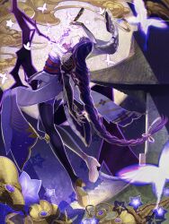  1girl abstract_background absurdly_long_hair absurdres armor braid braided_ponytail breasts bridal_gauntlets bug butterfly commentary_request duplicate electricity from_side full_body genshin_impact glowing glowing_butterfly high_heels highres holding holding_sword holding_weapon human_scabbard japanese_clothes kimono large_breasts long_hair looking_up making-of_available mitsudomoe_(shape) musou_isshin_(genshin_impact) obi obiage obijime okawaoshio pauldrons platform_sandals purple_hair purple_kimono purple_thighhighs raiden_shogun red_sash sandals sash shade sheath shoulder_armor single_braid solo sword thigh-highs tomoe_(symbol) unsheathing very_long_hair violet_eyes weapon 