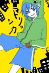  bad_id blue_hair crazy_eyes gloves grin highres hoodie kaito male matryoshka_(vocaloid) multicolored_eyes short_hair smile solo vocaloid 
