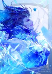  1girl artist_name blue_border blue_eyeshadow blue_hair border closed_eyes colored_skin eyeshadow final_fantasy final_fantasy_xiv from_side makeup medium_hair outside_border pointy_ears purple_skin shards shiva_(final_fantasy) solo upper_body watermark white_background yabuka_shiwa 