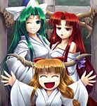  :&lt; :d alternate_costume bare_shoulders blush bow closed_eyes eyes_closed green_eyes green_hair grin hair_bow hat horn_ribbon horns ibuki_suika japanese_clothes kimono koto_tsubane long_hair mima multiple_girls off_shoulder open_mouth orange_hair outstretched_arms red_hair redhead ribbon rope shingyoku smile spread_arms touhou touhou_(pc-98) very_long_hair wink wizard_hat 