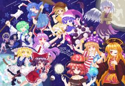  02charaice20 6+girls absurdres american_flag american_flag_dress american_flag_print animal_ears anniversary apron artist_name ascot black_dress black_hat black_shirt blonde_hair blue_ascot blue_dress blue_hat blue_vest bow bowtie braid broom broom_riding brown_hair brown_hat chain chinese_commentary closed_mouth clothes_writing clownpiece collared_shirt commentary_request covering_own_mouth crescent_print dalachi_(headdress) dango dated detached_sleeves doremy_sweet dream_soul dress earth_(ornament) earth_(planet) flag_print floppy_ears food frilled_bow frills frog_hair_ornament gohei gold_chain green_eyes green_hair grey_hair hair_bow hair_ornament hair_tubes hakurei_reimu hat hat_bow hat_ribbon hecatia_lapislazuli highres holding holding_gohei holding_mallet holding_torch jacket jester_cap junko_(touhou) kine kirisame_marisa kishin_sagume kochiya_sanae legacy_of_lunatic_kingdom long_hair long_sleeves lunatic_gun mallet mob_cap moon moon_(ornament) moriya_suwako multiple_girls neck_ribbon neck_ruff necktie nurse_cap off-shoulder_shirt off_shoulder ofuda one_eye_closed open_clothes open_jacket open_mouth orange_shirt orb phoenix_print pink_skirt pixel_art planet polka_dot_headwear pom_pom_(clothes) purple_dress purple_hair purple_hat purple_tabard rabbit_ears rabbit_girl red_bow red_bowtie red_eyes red_hair red_necktie red_skirt red_tabard reisen_udongein_inaba ribbon ribbon-trimmed_sleeves ribbon_trim ringo_(touhou) rope seiran_(touhou) shimenawa shirt shorts single_wing skewer skirt skirt_set smile snake_hair_ornament space star_(symbol) star_print striped_clothes striped_dress suit_jacket tabard tail tapir_tail torch touhou underworld_(ornament) very_long_hair vest wagashi waist_apron white_apron white_shirt white_wings wide_sleeves wings witch_hat yagokoro_eirin yakumo_yukari yasaka_kanako yellow_eyes yellow_ribbon yellow_shorts yin_yang yin_yang_orb 