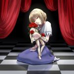  alice_margatroid bad_id blonde_hair capelet checkered checkered_floor chirigami-san curtains doll empty_eyes flower hairband headless hug no_shoes red_rose rose short_hair sitting solo thorns touhou wariza yellow_eyes 