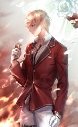  1boy artist_request belt belt_buckle black_belt blazer blonde_hair blue_eyes breast_pocket buckle burnt closed_mouth clouds cloudy_sky collared_jacket collared_shirt cowboy_shot day dress_pants envelope expressionless fire floating_hair flower game_cg gloves half_gloves highres holding_medal jacket lapels layered_sleeves light_frown light_rays loen_(shining_nikki) long_sleeves looking_to_the_side male_focus nikki_(series) notched_lapels official_art outdoors pants petals pocket pointy_nose red_jacket shining_nikki shirt short_hair sky solo standing striped_clothes striped_shirt sunlight thigh_belt thigh_strap vertical-striped_clothes vertical-striped_shirt white_flower white_gloves white_pants white_shirt wind 