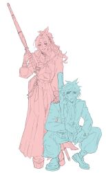  1boy 1girl aerith_gainsborough aerith_gainsborough_(midgard_seventh_high_school) bandaid bandaid_on_cheek bandaid_on_face baseball_bat breasts choker clerithfication cloud_strife cloud_strife_(midgard_seventh_high_school) collared_shirt delinquent final_fantasy final_fantasy_vii final_fantasy_vii_ever_crisis flower full_body gakuran gloves hair_between_eyes hair_flower hair_ornament hair_ribbon hand_on_another&#039;s_shoulder highres holding holding_baseball_bat jacket limited_palette long_hair long_skirt medium_breasts neckerchief official_alternate_costume parted_bangs parted_lips platform_shoes pleated_skirt ponytail popped_collar ribbon school_uniform shinai shirt short_hair sidelocks skirt smile spiky_hair squatting sukeban sword toothpick weapon white_background 