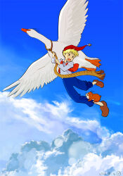  1boy animal animal_on_leg bird black_eyes blonde_hair blue_pants blue_shoes blue_sky carrot_(nils_no_fushigi_na_tabi) clouds collared_shirt commentary flying from_below goose hamster hanging mini_person miniboy morten_(nils_no_fushigi_na_tabi) nils_holgersson nils_no_fushigi_na_tabi open_clothes open_mouth open_vest orange_vest pants phrygian_cap rope rope_around_neck sakai_yume shirt shoes sky teeth upper_teeth_only vest white_shirt 
