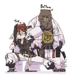  2boys animal_ears anton_ivanov bear_boy bear_ears ben_bigger biceps black_hair black_shirt black_tank_top brown_fur chain chain_necklace closed_mouth commentary_request english_text furry furry_male gold_necklace goya_1231 hand_on_own_chin hand_on_own_hip highres jacket jewelry looking_at_viewer male_focus multicolored_hair multiple_boys muscular muscular_male necklace pants plump scar scar_across_eye scar_on_face shirt signature streaked_hair tank_top translation_request white_background white_jacket white_pants zenless_zone_zero 