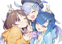  3girls beret black_hat blue_eyes blue_hair bone_hair_ornament bright_pupils brown_hair cellphone closed_eyes double_v gradient_hair grin hair_ornament hairclip hat highres holding holding_phone hood hood_down hoodie jewelry long_hair multicolored_hair multiple_girls multiple_rings nail_polish niboshidrip one_eye_closed open_mouth orange_hoodie phone ring selfie sendo_yuuhi short_hair simple_background smartphone smile streaked_hair tsumugi_kokage two-tone_hair two_side_up upper_body v violet_eyes virtual_youtuber vspo! white_background white_pupils yano_kuromu 