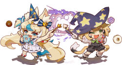  2girls ;d animal_ear_fluff animal_ears black_shoes blonde_hair blue_bow blue_eyes blue_hair blue_sailor_collar bow cat_ears chibi collared_shirt commentary crescent dooby_(vtuber) doughnut dress eating fins fish_tail food frilled_sailor_collar frills fur-trimmed_headwear fur_trim green_eyes hair_bow hat highres holding holding_food holding_wand indie_virtual_youtuber itsuki_tasuku long_hair low_twintails multicolored_hair multiple_girls one_eye_closed overall_shorts overalls party_hat print_hat puffy_short_sleeves puffy_sleeves purple_hat sailor_collar sailor_dress sameko_saba shadow shirt shoes short_sleeves smile socks standing star_(symbol) star_print streaked_hair striped_bow symbol-only_commentary tail twintails very_long_hair virtual_youtuber wand white_background white_dress white_shirt white_socks witch_hat 