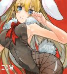  armpits bare_shoulders blonde_hair blue_eyes breasts bunny_ears bunnysuit copyright_request face fishnet_pantyhose fishnets leotard long_hair pantyhose pupps sideboob smile solo 
