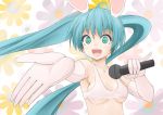  :d animal_ears aqua_eyes aqua_hair breasts bunny_ears elbow_gloves gloves hatsune_miku long_hair microphone nino_h open_mouth outstretched_arm pinky_out smile solo twintails underboob vocaloid 