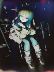  1girl blue_eyes blue_nails cigarette commentary film_grain gradient_hair highres holding holding_cigarette leg_warmers multicolored_hair original scenery sitting solo tagme tobacco wang-xi 