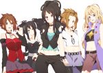  akiyama_mio belt black_hair blonde_hair brown_eyes brown_hair casual choker death_devil detached_sleeves face_paint facepaint food fruit hairband highres hirasawa_yui k-on! kotobuki_tsumugi long_hair midriff multiple_girls nakano_azusa nanao pantyhose short_hair smile strawberry tainaka_ritsu twintails 